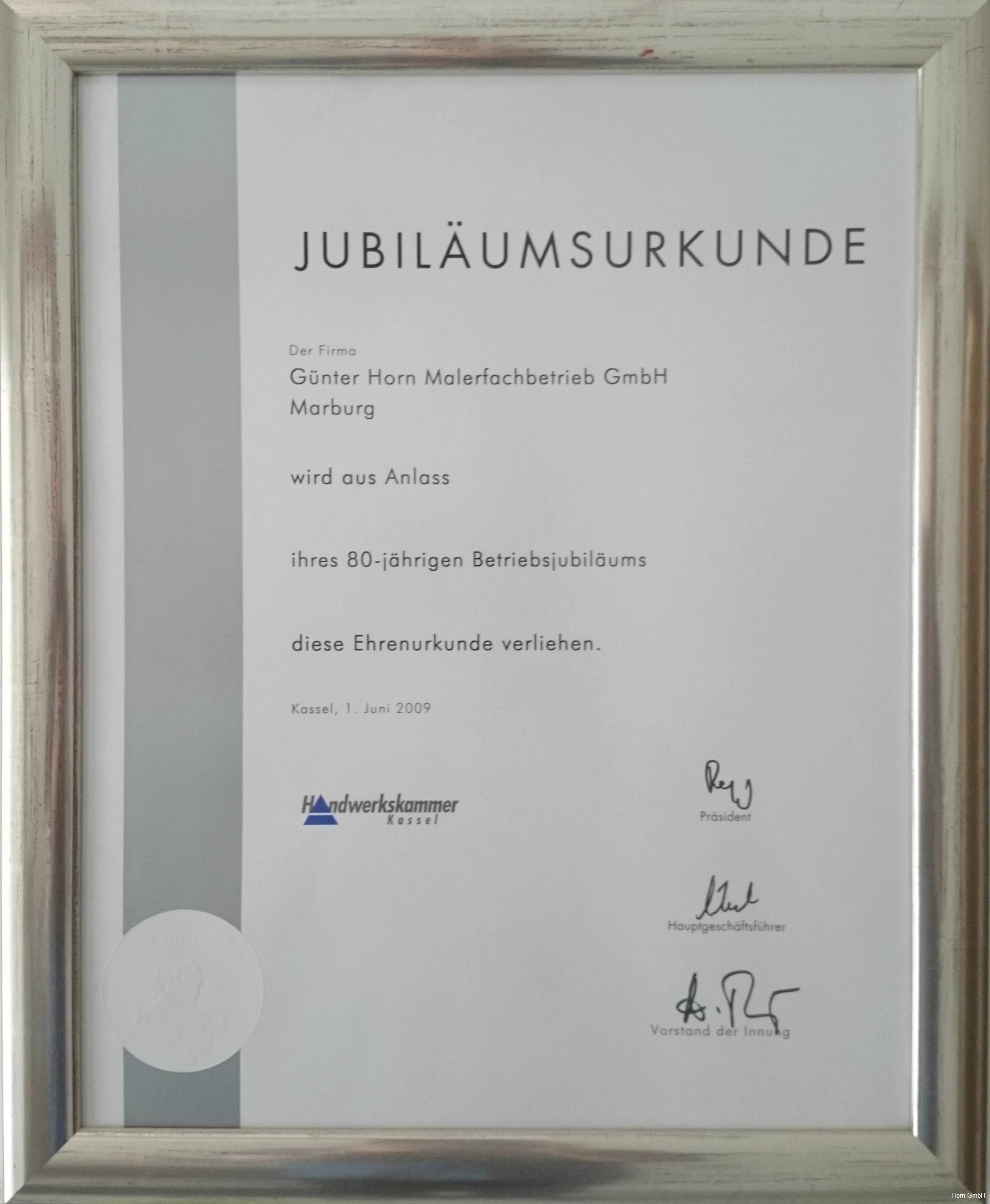 Jubiläumsurkunde 80 Jahre Horn Malerfachbetrieb GmbH